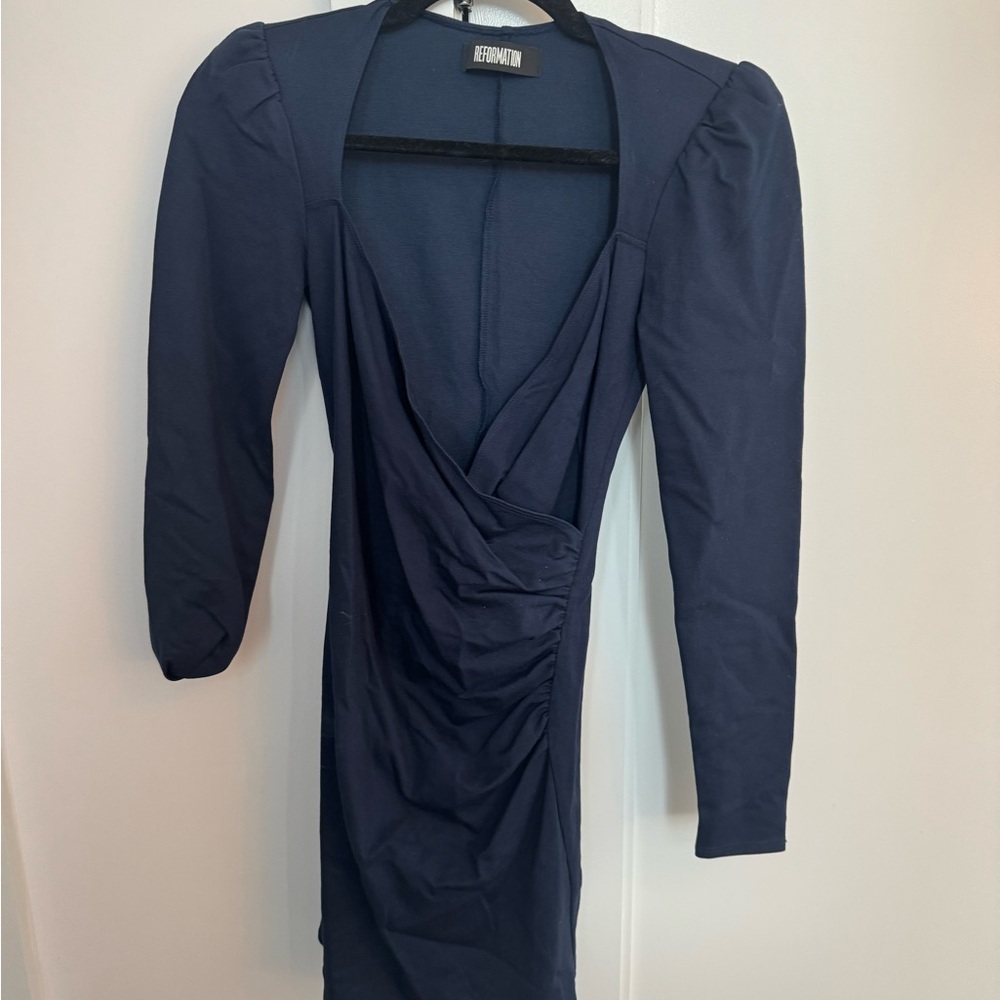 Reformation Blue Ruched Wrap Dress with Puff Sleeves